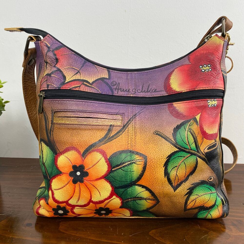 Anuschka Hand Painted Multi Pocket Hobo Leather Crossbody Bag Cat Floral Motif - Picture 5 of 14